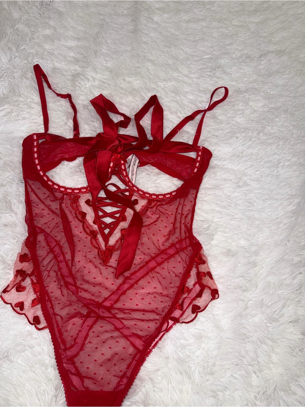 Victoria's Secret Red Sheer Lace-Up Teddy size Large Lingerie